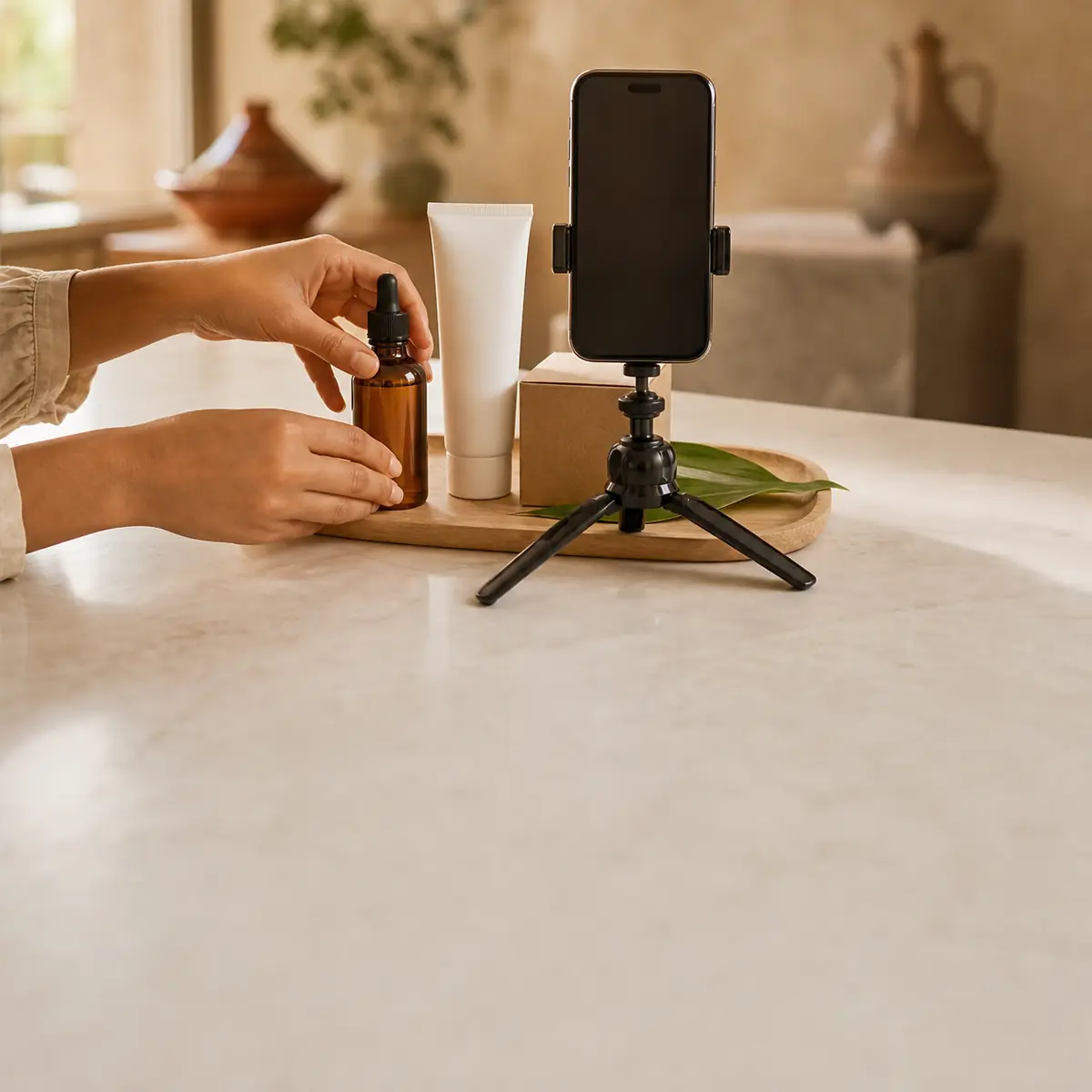 Un téléphone sur mini-trépied cadre trois produits cosmétiques qu'une créatrice met en place pour le tournage.